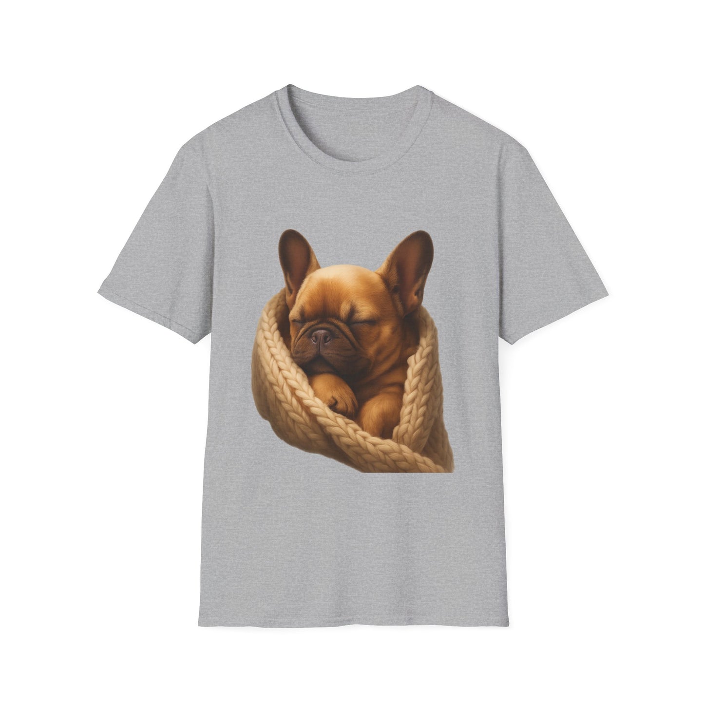 Gray t-shirt with a printed design of a dog in a knitted blanket on a white background