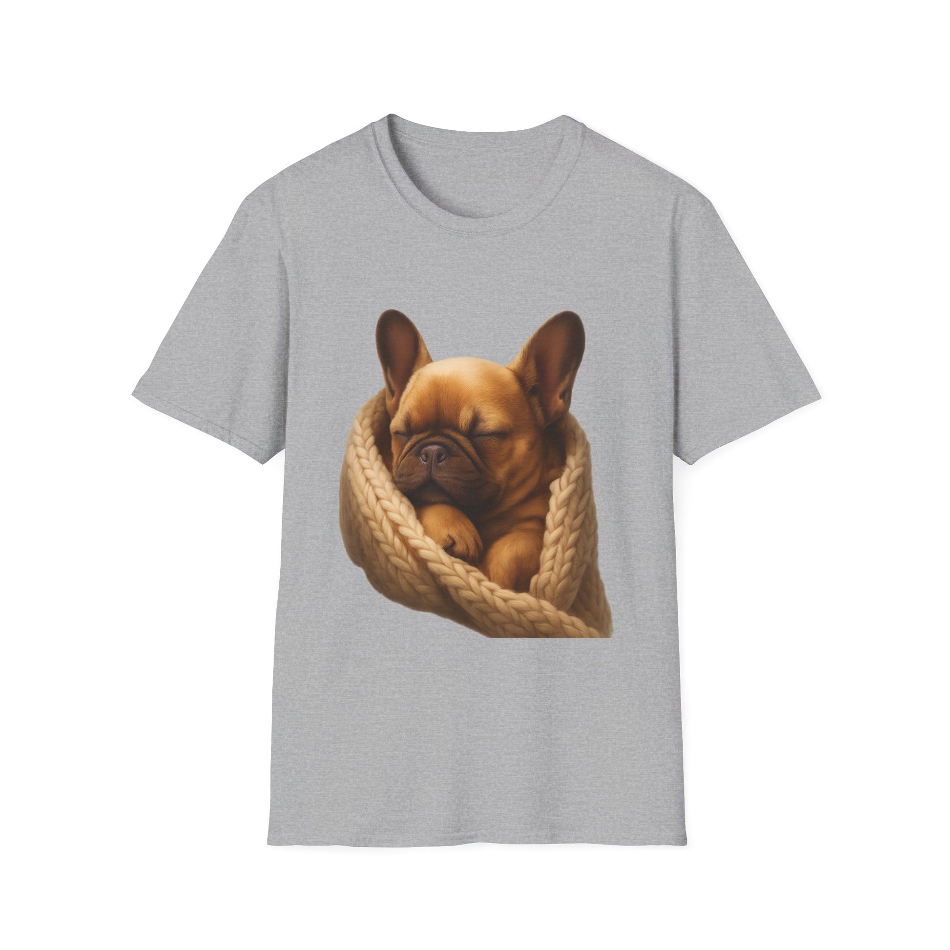 Gray t-shirt with a printed design of a dog in a knitted blanket on a white background