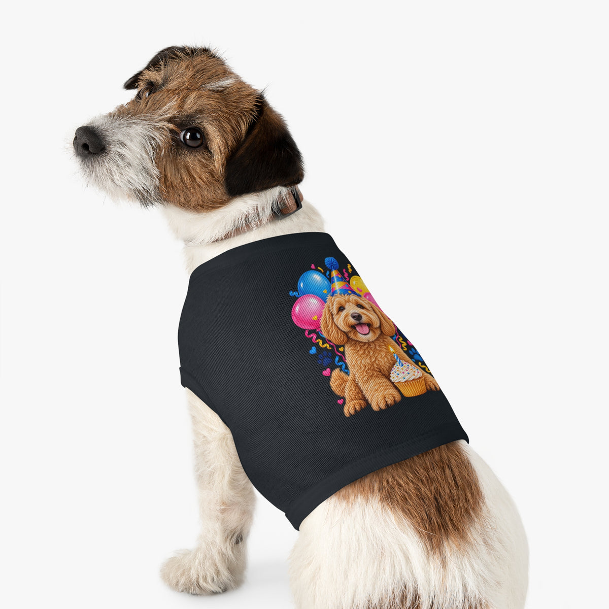 Black dog birthday tank top with colorful puppy party design