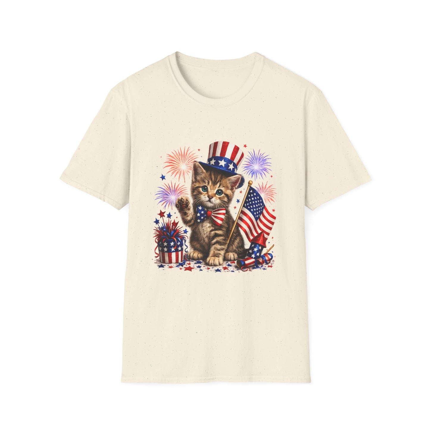 Cream t-shirt with a kitten holding an American flag and fireworks design on a white background