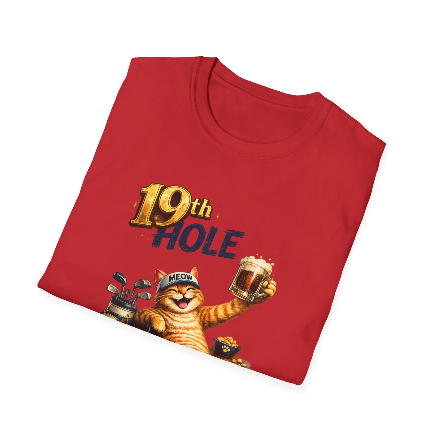 19th Hole funny cat golf T-shirt in red with orange tabby golfer