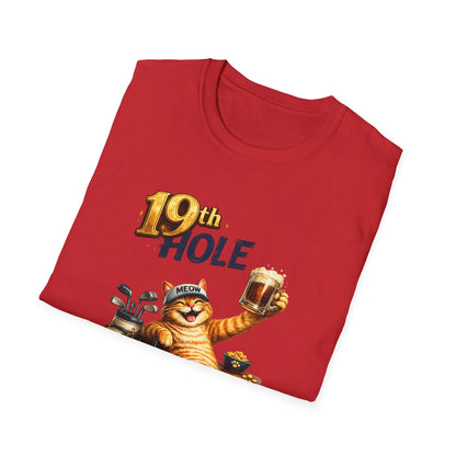 19th Hole funny cat golf T-shirt in red with orange tabby golfer