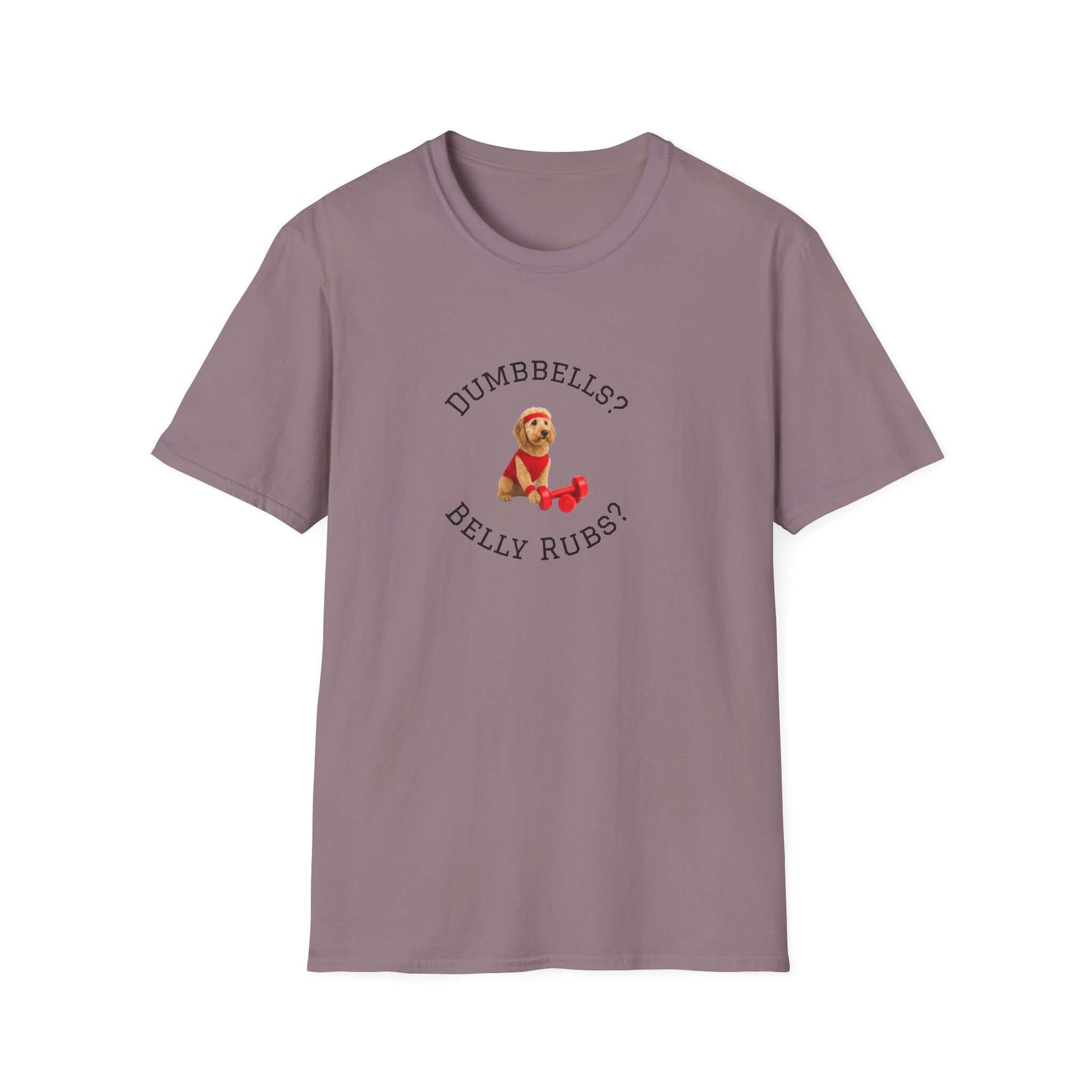 Goldendoodle Dog Lover Workout Tee – "Belly Rubs or Dumbbells?" pet supplies, funny dog-themed gym shirt