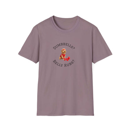Goldendoodle Dog Lover Workout Tee – "Belly Rubs or Dumbbells?" pet supplies, funny dog-themed gym shirt