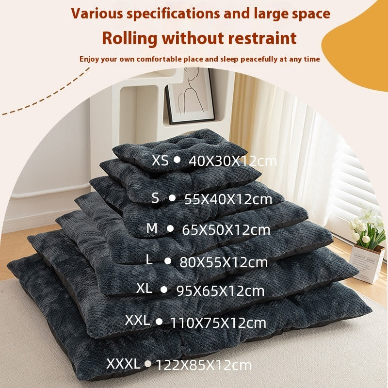 Stack of gray pet beds with dimensions labeled on a neutral background