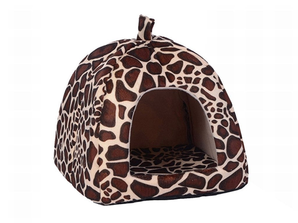 Giraffe patterned pet bed on a white background