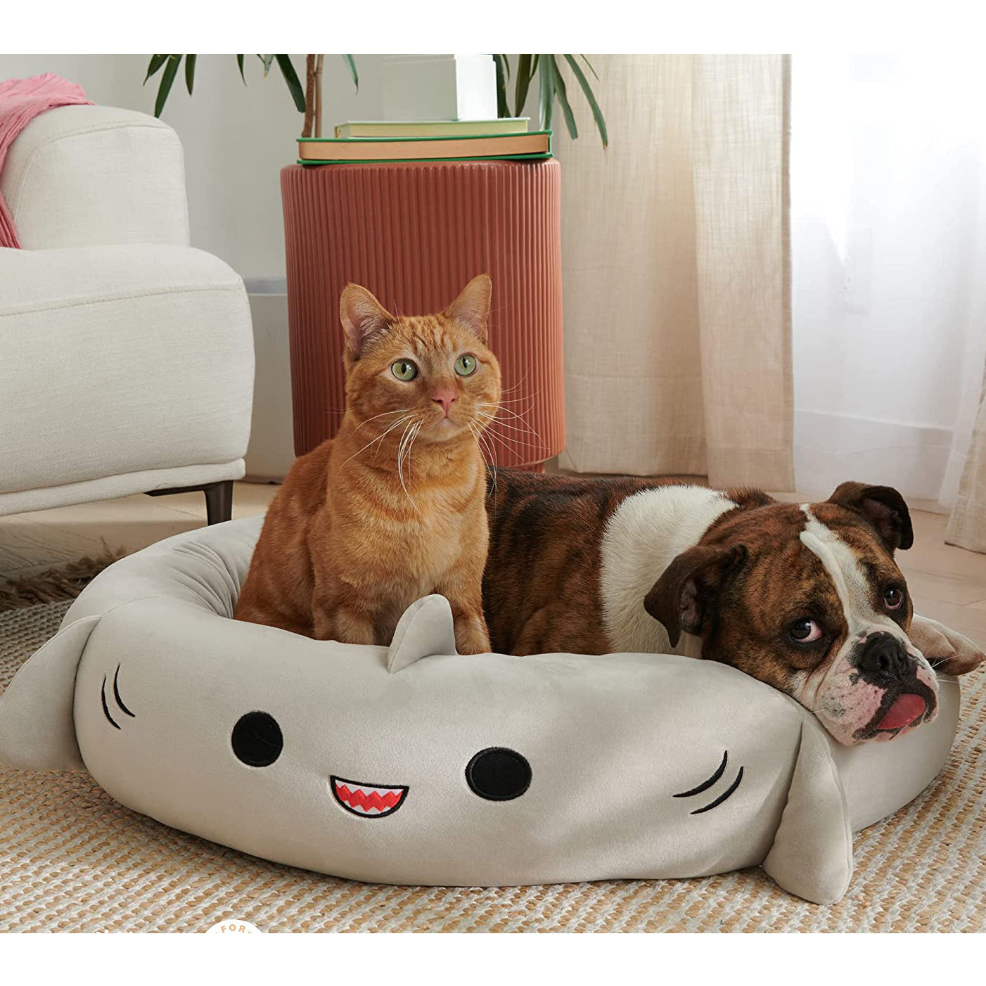 Cat and dog lying on a shark-shaped pet bed in a cozy living room.