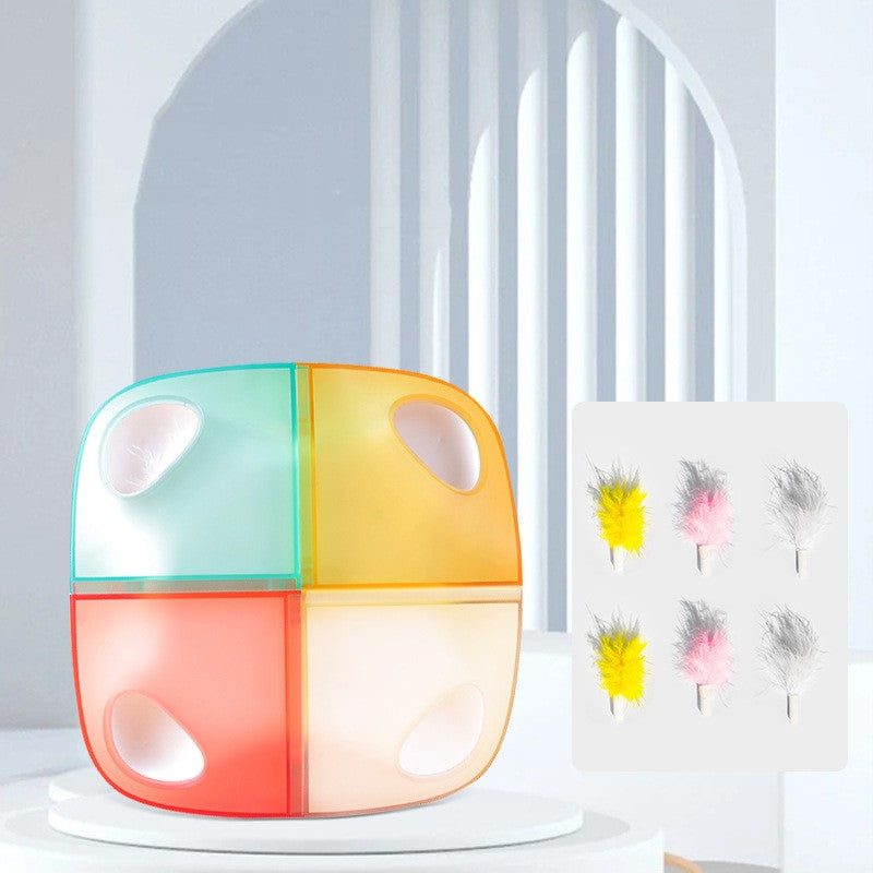 Colorful cylindrical lamp with a white base in a minimalistic room.