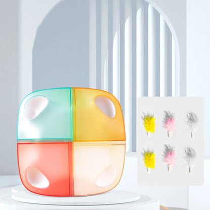 Colorful cylindrical lamp with a white base in a minimalistic room.