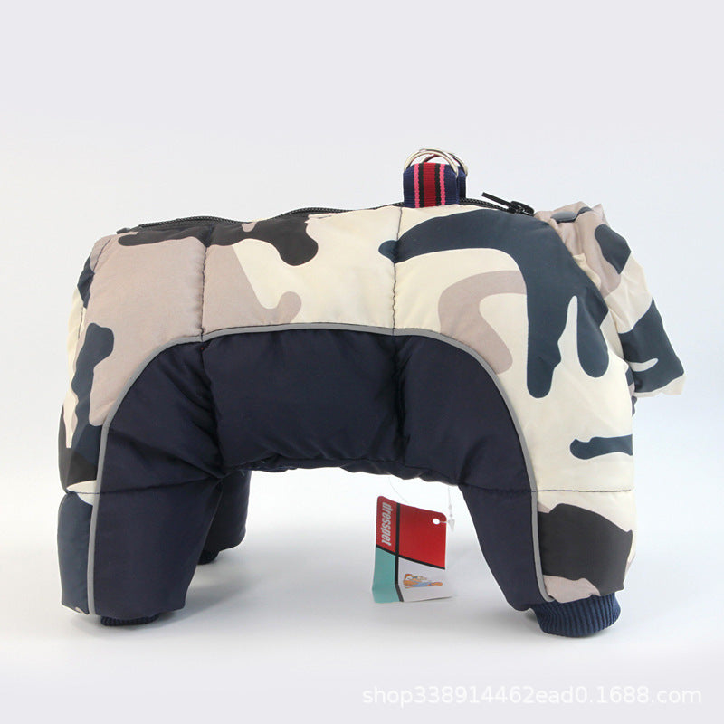 Camouflage-patterned dog coat with a brand tag on a white background