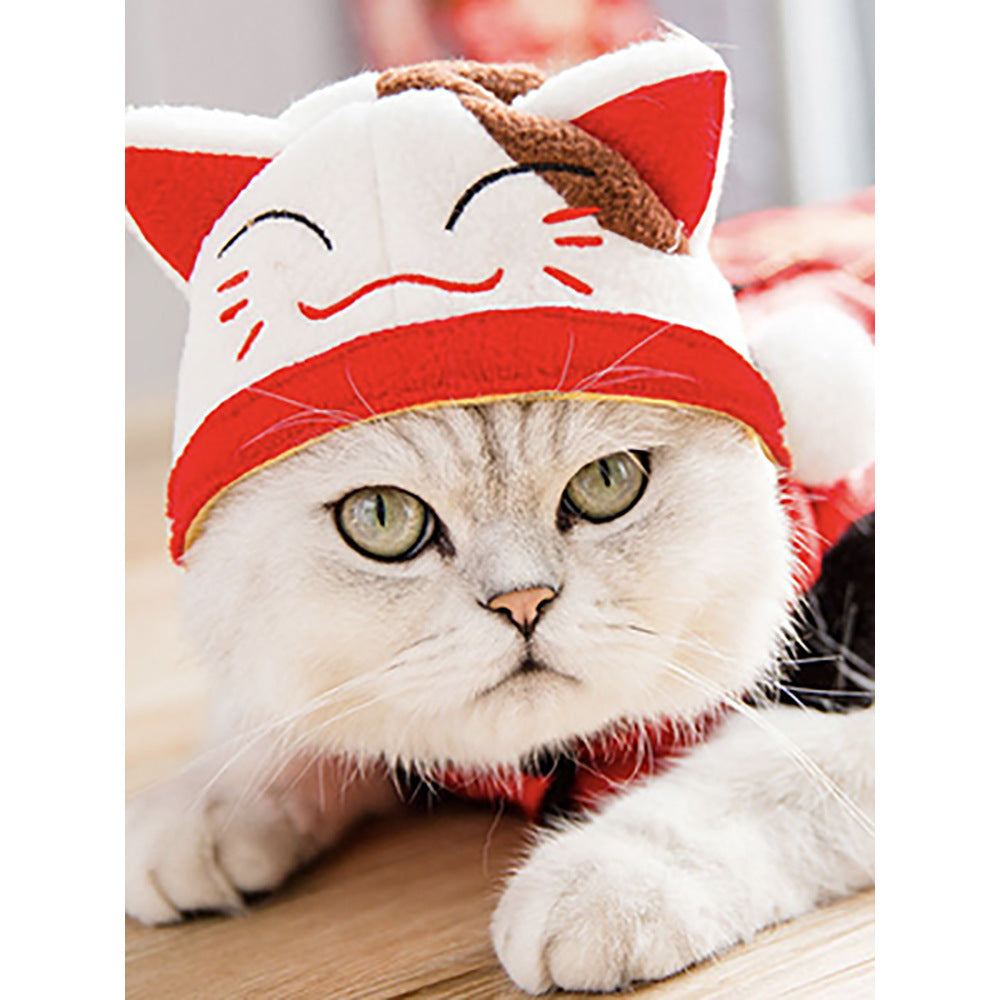 Cat wearing a red and white hat with cat ears on a wooden surface.