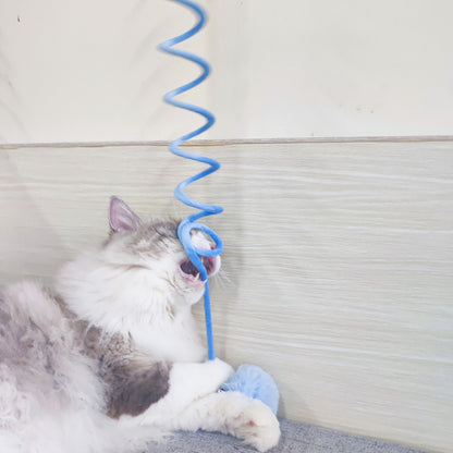 Cat playing with a blue spiral toy against a white wall.