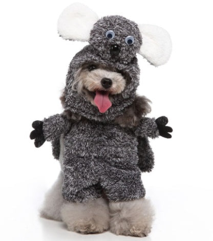 Dog wearing a gray mouse costume on a white background