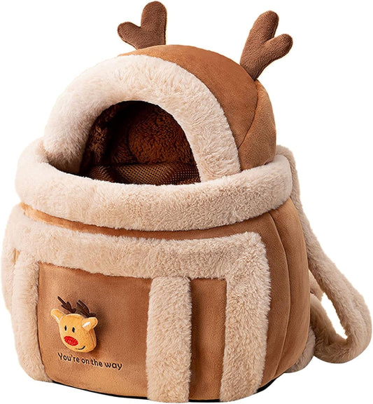 Plush deer-shaped pet bed with brown and beige colors on a white background