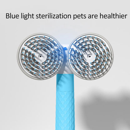 Pet grooming tool with blue light sterilization feature on a gray background