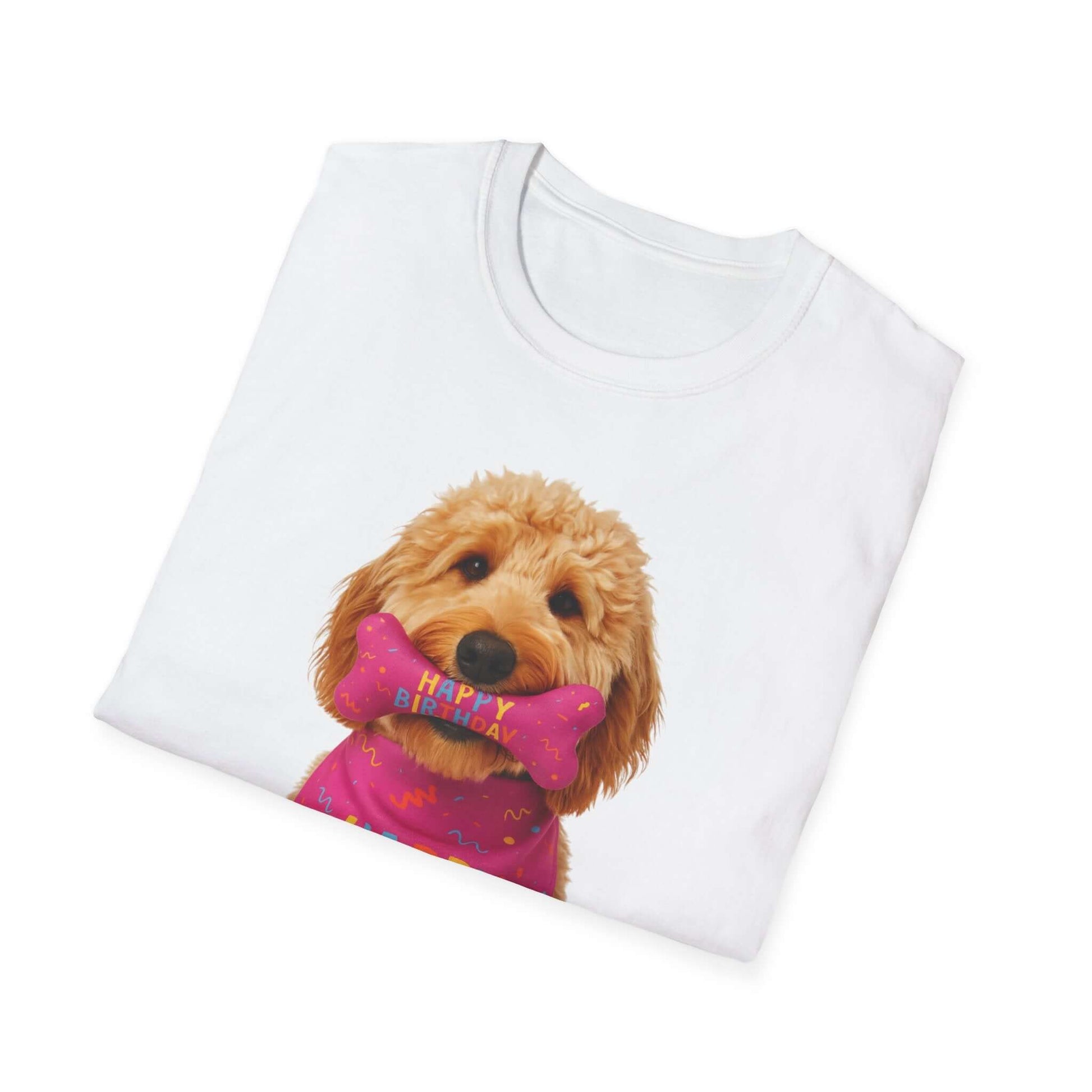 Birthday Dog T-Shirt featuring a cute doodle pup with a bone toy, ideal for dog birthday celebrations and pet supplies.