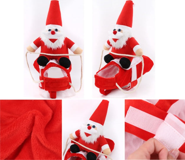 Collage of a red Santa Claus plush toy with a bag, close-up of fabric texture, and a hand holding the toy.