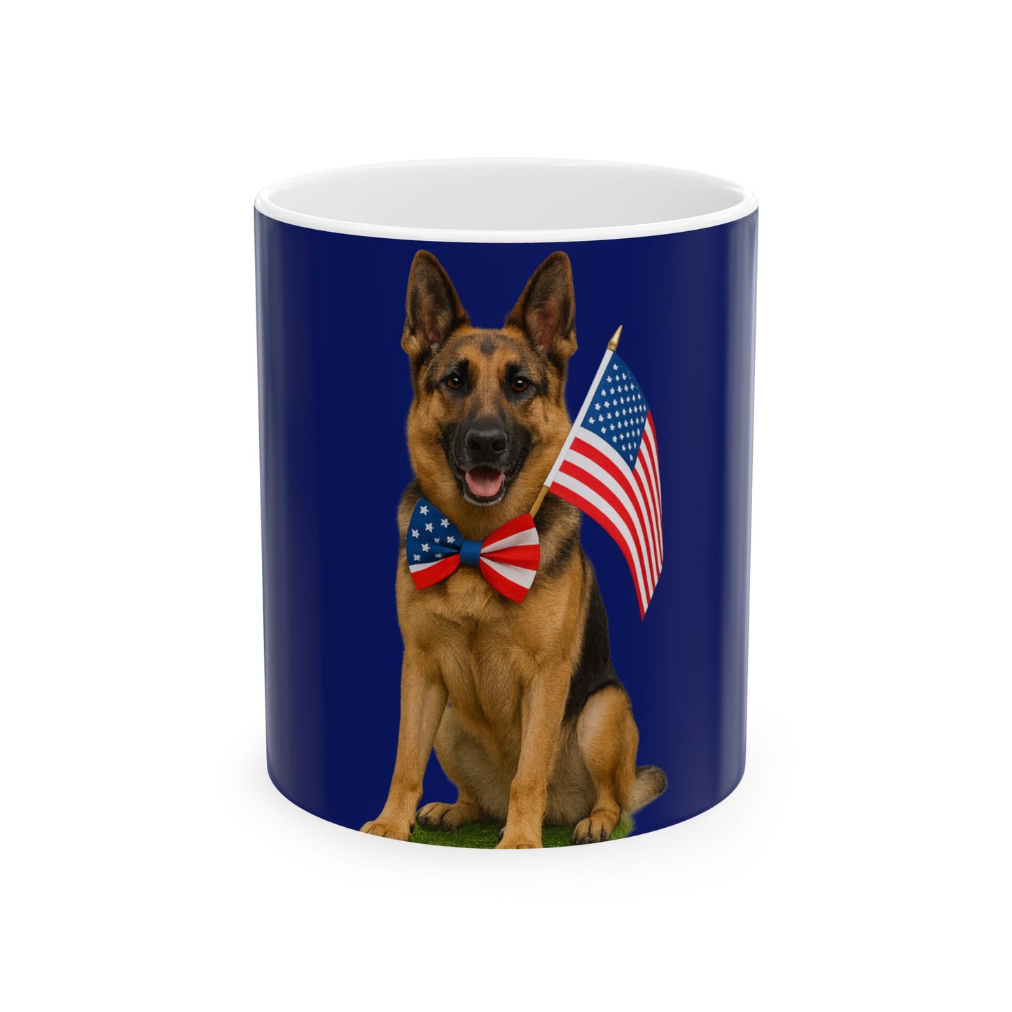 Mug with a German Shepherd dog wearing an American flag bow tie on a blue background