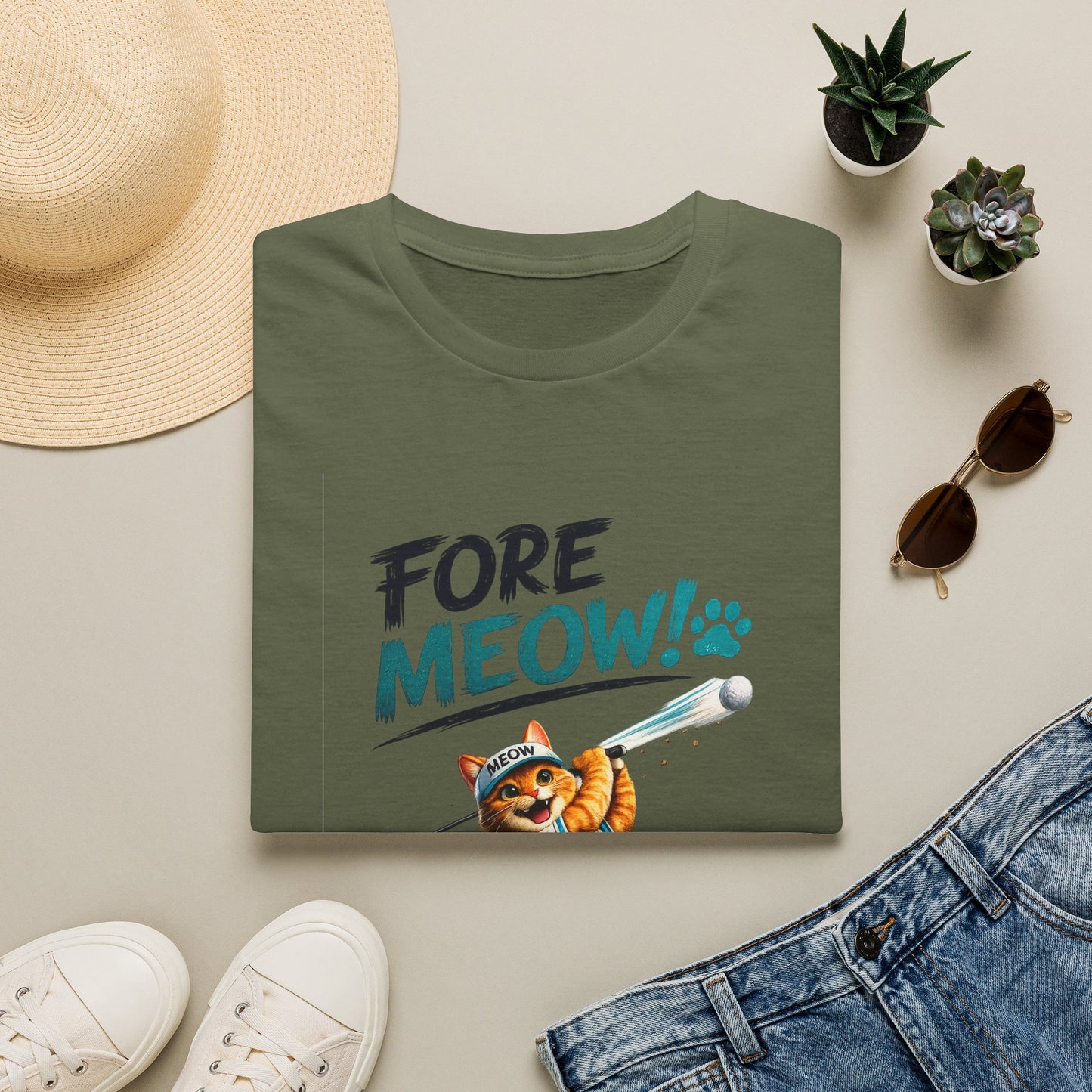 An olive green folded t-shirt with a 'FORE MEOW!' graphic print, styled in a flat lay with a straw hat, white sneakers, sunglasses, a pair of blue jeans, and small potted succulents on a light beige background.