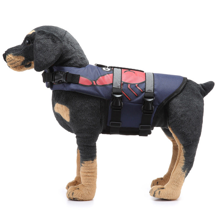 Dog wearing a blue life jacket with red graphics on a white background