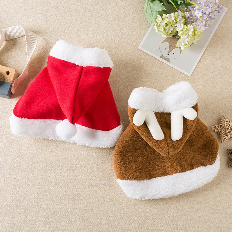 Two pet hats, one red and white, one brown and white, on a beige surface with flowers in the background.