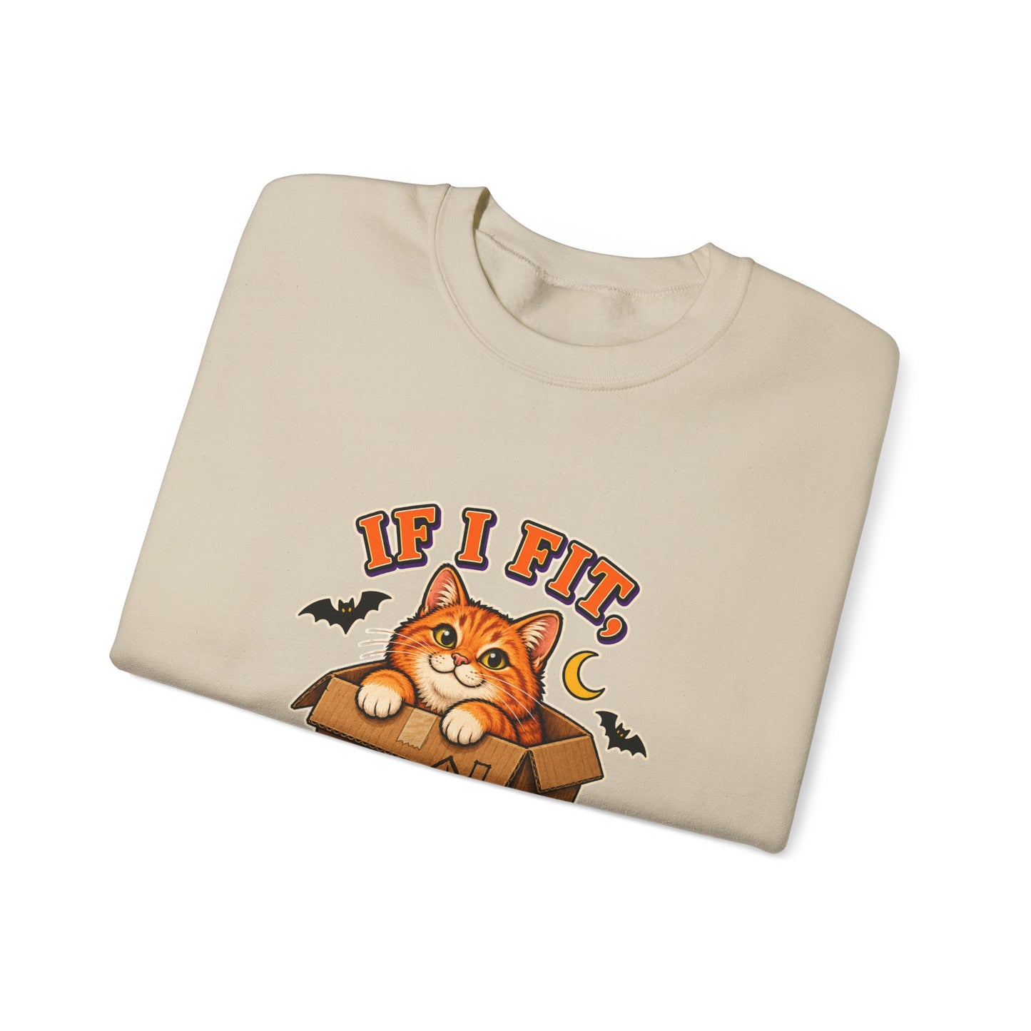 If I Fit I Haunt It Halloween cat sweatshirt in sand
Orange tabby in haunted cardboard box on Halloween sweatshirt