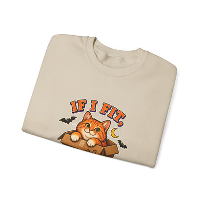 If I Fit I Haunt It Halloween cat sweatshirt in sand
Orange tabby in haunted cardboard box on Halloween sweatshirt