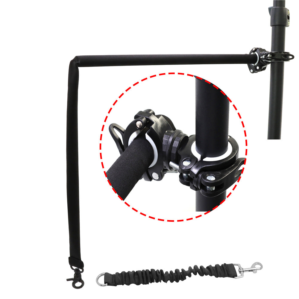 Black metal clamp with a red circle highlighting a specific part on a white background