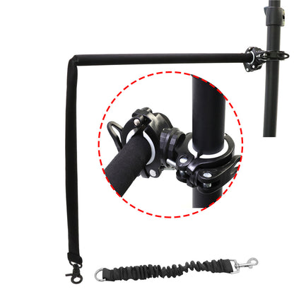 Black metal clamp with a red circle highlighting a specific part on a white background