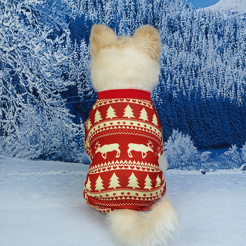 Dog wearing a red sweater with reindeer and tree pattern in a snowy landscape