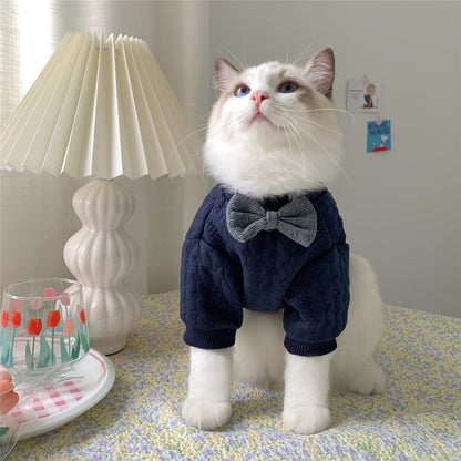 Cat wearing a navy blue outfit with a bow tie, standing on a table next to a lamp and a glass with tulip design.