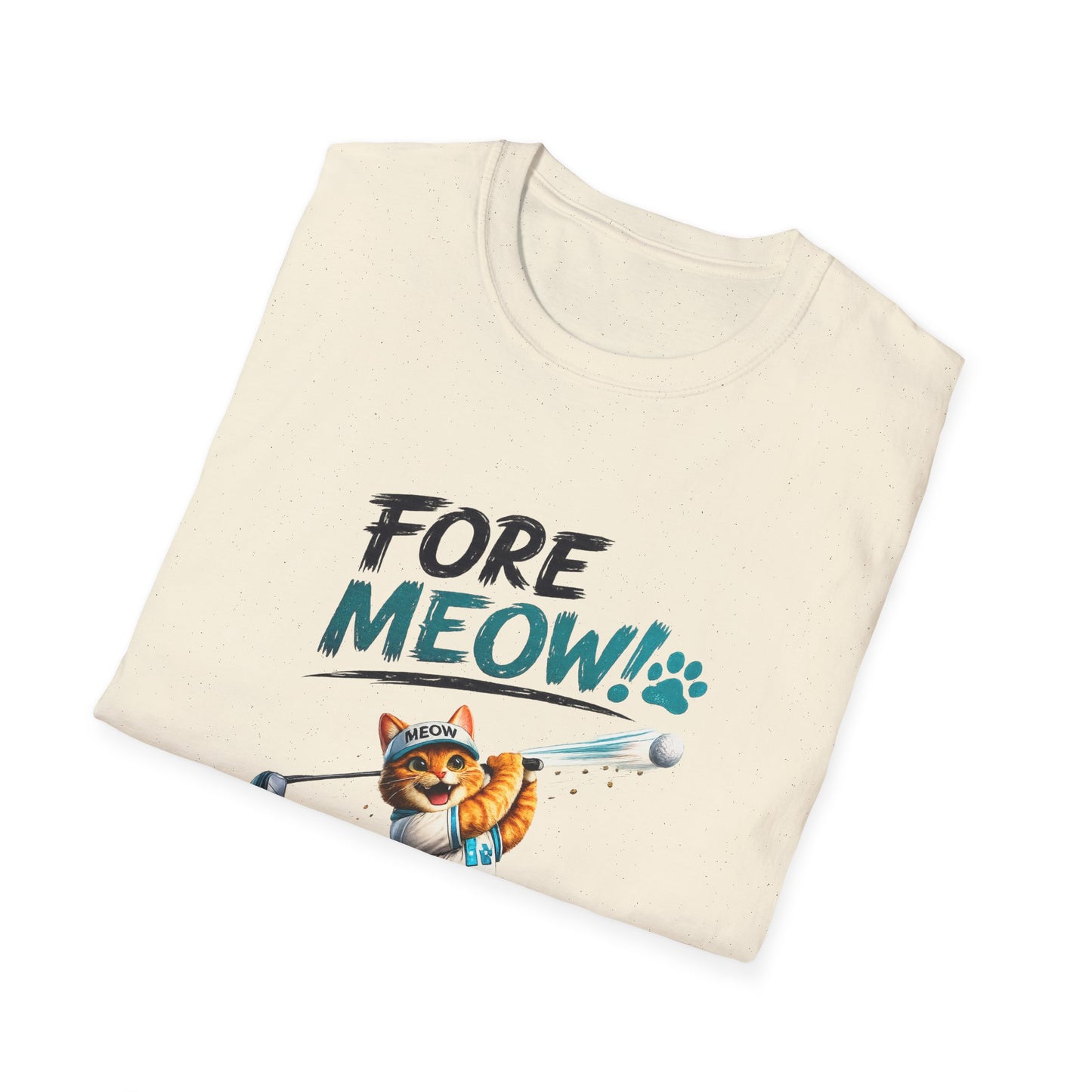 A folded cream-colored t-shirt with a graphic print that reads 'FORE MEOW!' in black and teal lettering, featuring an illustration of an orange tabby cat wearing a blue headband and holding a golf club.
