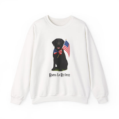 White sweatshirt with a black dog holding an American flag and 'Born to be Free' text on a white background