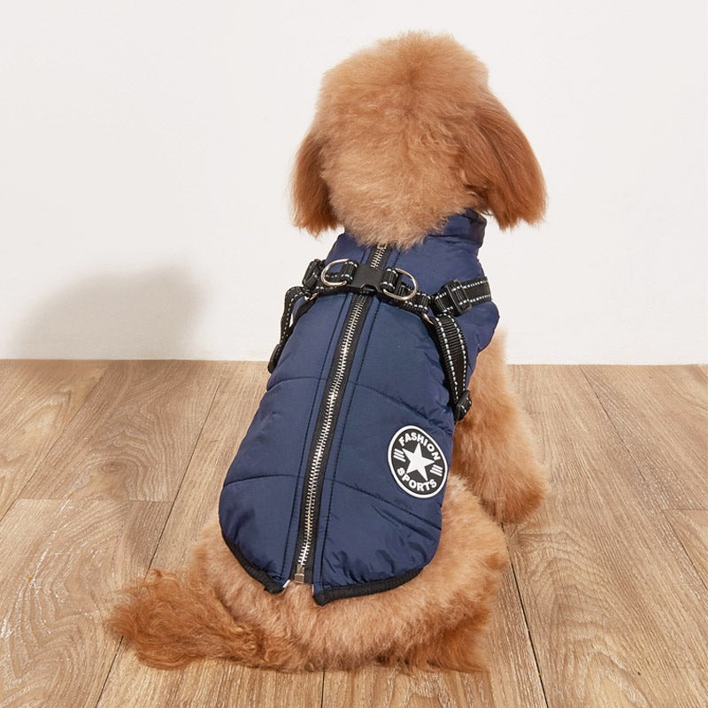 Small dog wearing a blue puffer vest with a brand logo on a wooden floor.