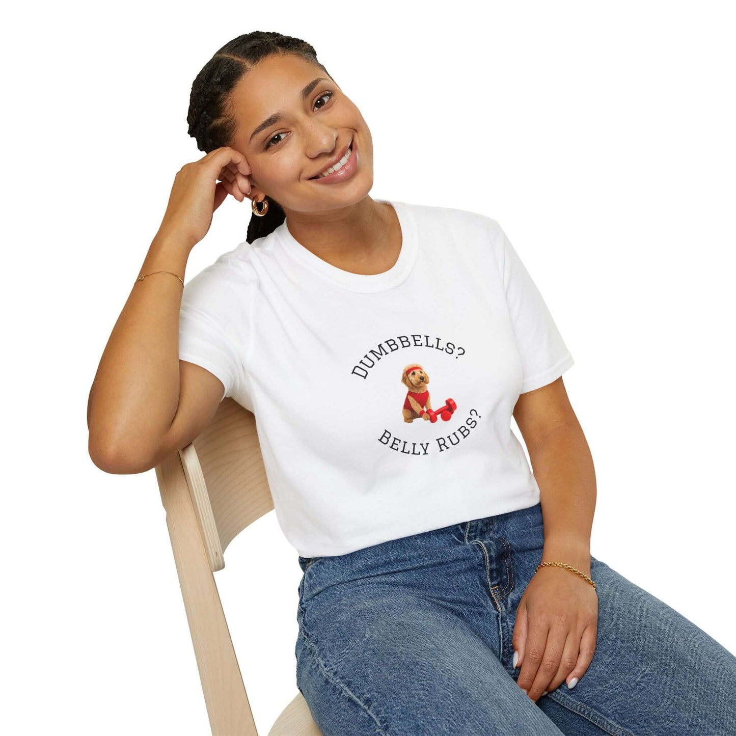 Goldendoodle Dog Lover Workout Tee – “Belly Rubs or Dumbbells?” worn by a smiling woman sitting on a chair.