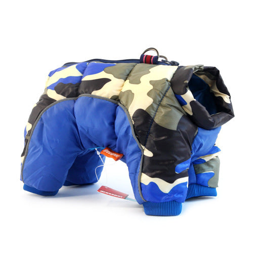 Camouflage and blue dog coat with a visible brand tag on a white background