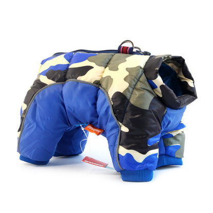 Camouflage and blue dog coat with a visible brand tag on a white background
