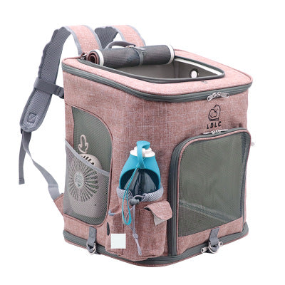 Multifunctional backpack with pet carrier, storage compartments, and baby carrier on a white background