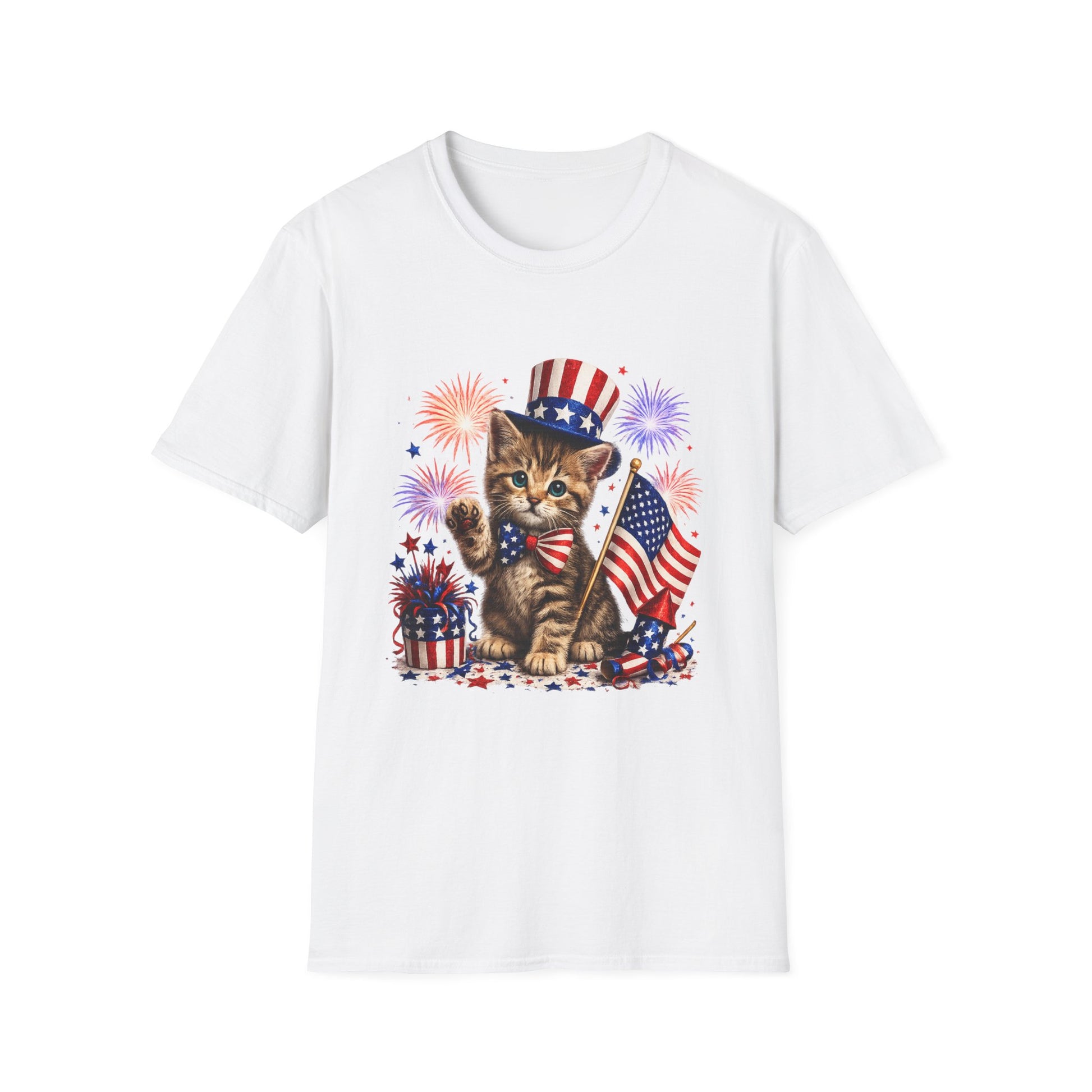 White t-shirt with a kitten holding an American flag and fireworks design on a white background