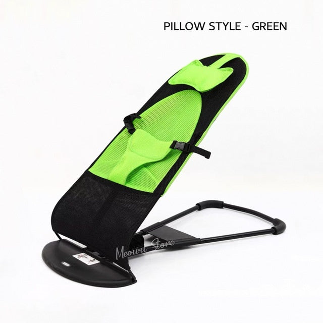 Green and black baby bouncer with 'Meowt Studio' branding on a white background