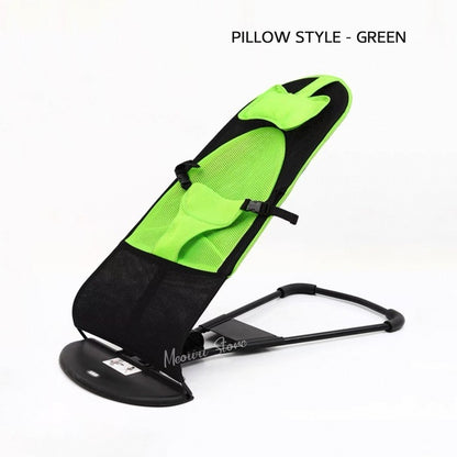 Green and black baby bouncer with 'Meowt Studio' branding on a white background