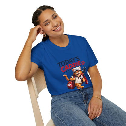 An royal blue short-sleeve crewneck t-shirt featuring a cartoon graphic of an orange tabby cat wearing a cap and holding golf clubs, with the text 'TODAY'S CADDIE' 