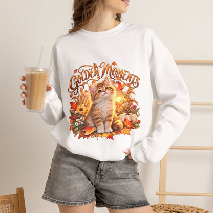 Golden Moments autumn cat lover sweatshirt shown from the front with colorful kitten harvest artwork
