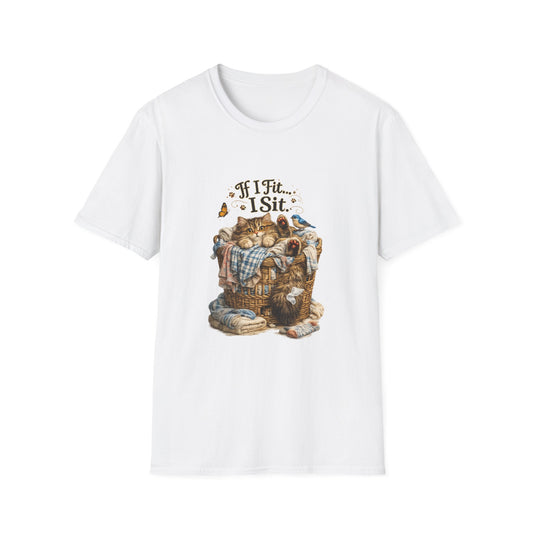 A white short-sleeve crewneck t-shirt featuring a vintage-style graphic print of a laundry basket with a sleeping  cat with a blue bird and the text 'If I Fit... I Sit' on the front, displayed against a solid white background.
