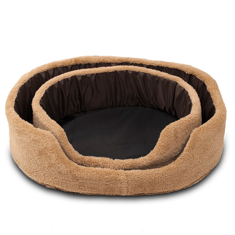 Brown pet bed with black interior on a white background