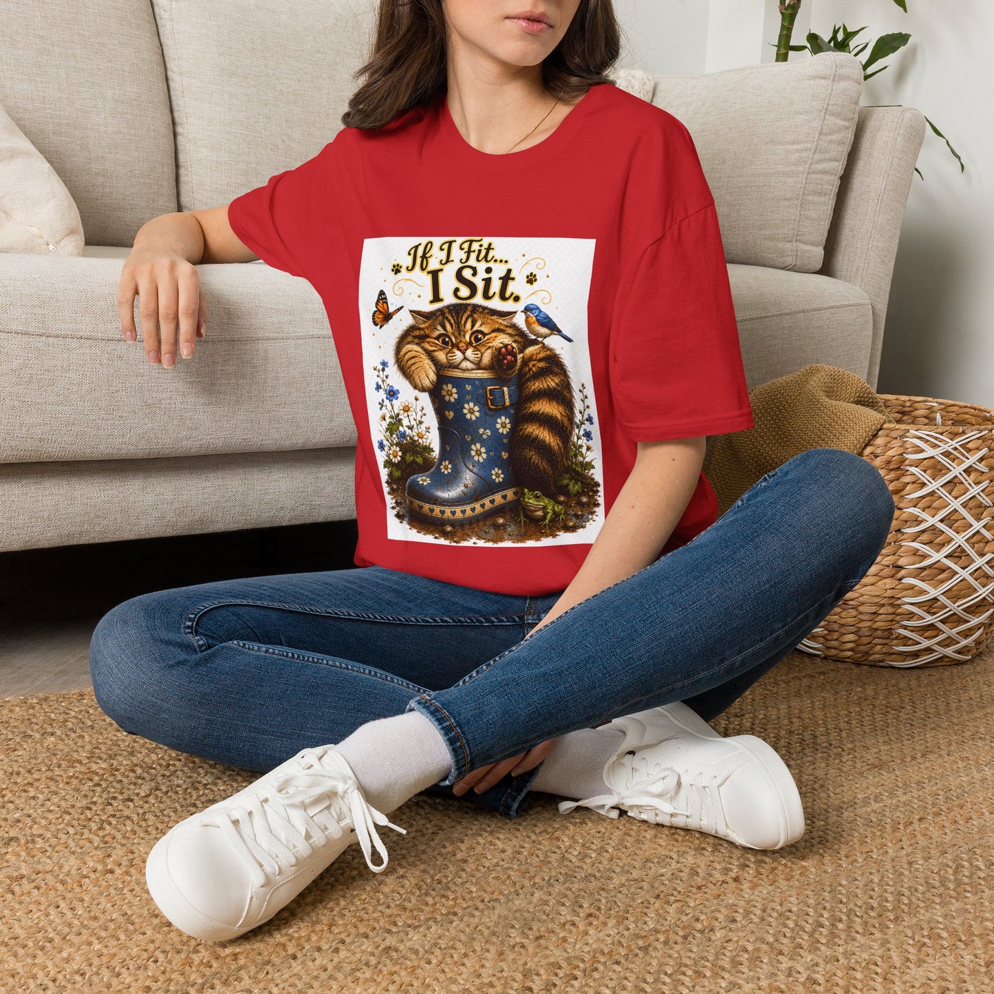 If I Fit... I Sit | Rain Boot Cat Shirt | Funny Gardening Kitty Tee | Cute Cat Lover Gif