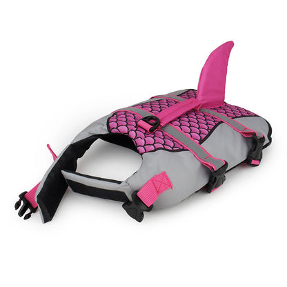 Gray and pink life jacket with shark fin design on a white background