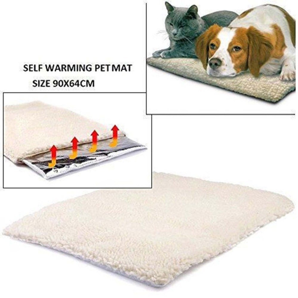 Self-warming pet mat with a dog and cat on it, showing its size and heating feature.