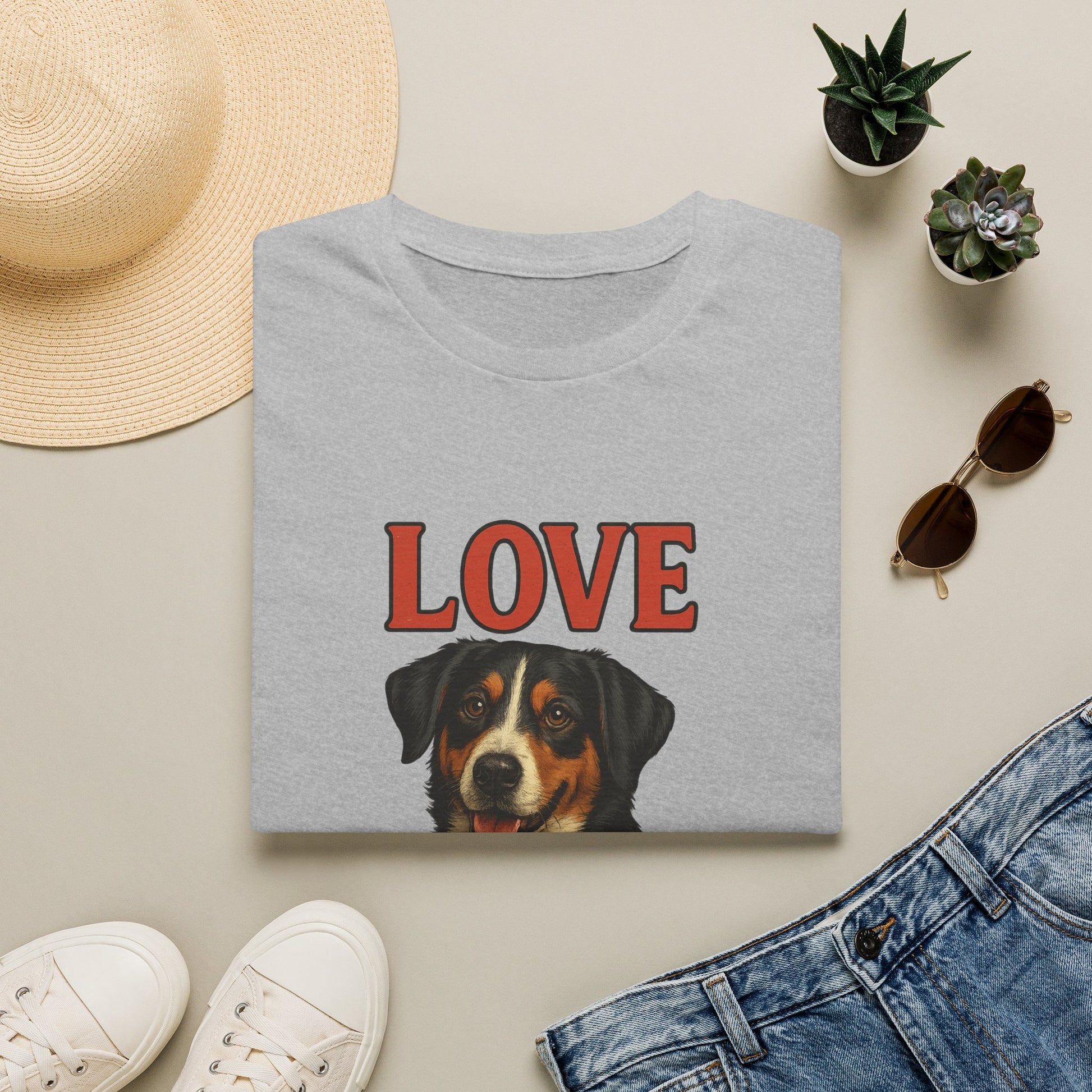 Gray t-shirt with a dog illustration and 'LOVE' text, surrounded by casual items on a light surface.