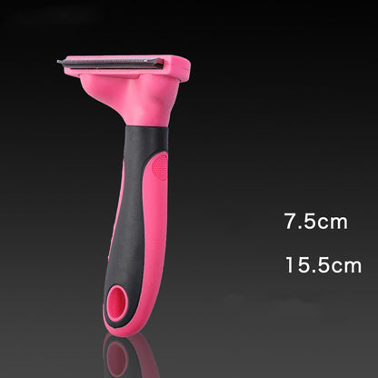Pink and black pet grooming tool with measurements on a dark background